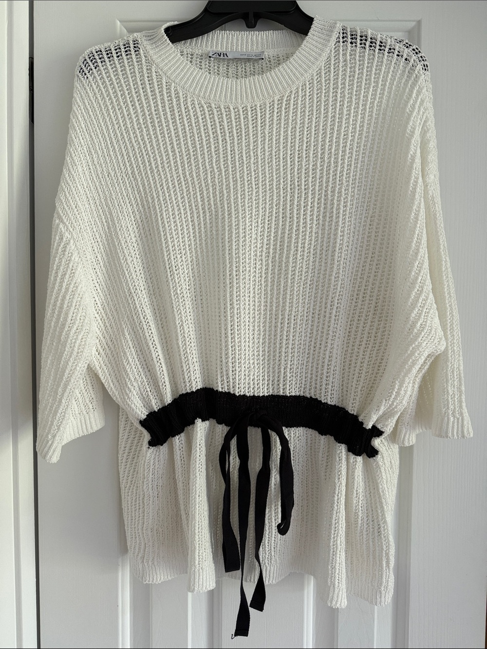 Zara White Open-Knit Sweater with Black Drawstring Waist-M